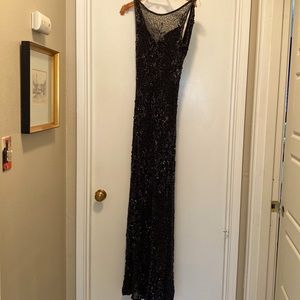 Beaded evening gown, black with shiny black beading